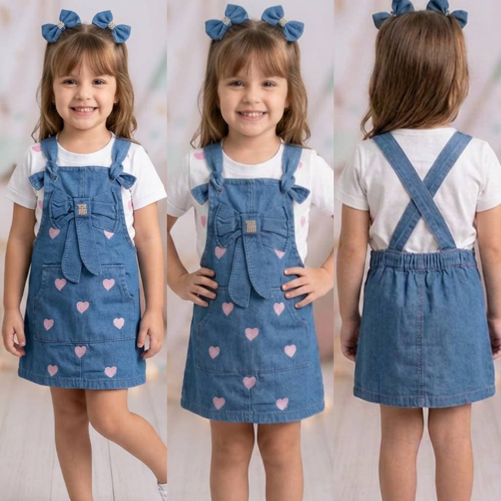 Conjunto ​Jardineira Infantil Blogueirinha Jeans Com Laço Menina + Blusa Canelada Coração Tam  2 A 10 Anos
