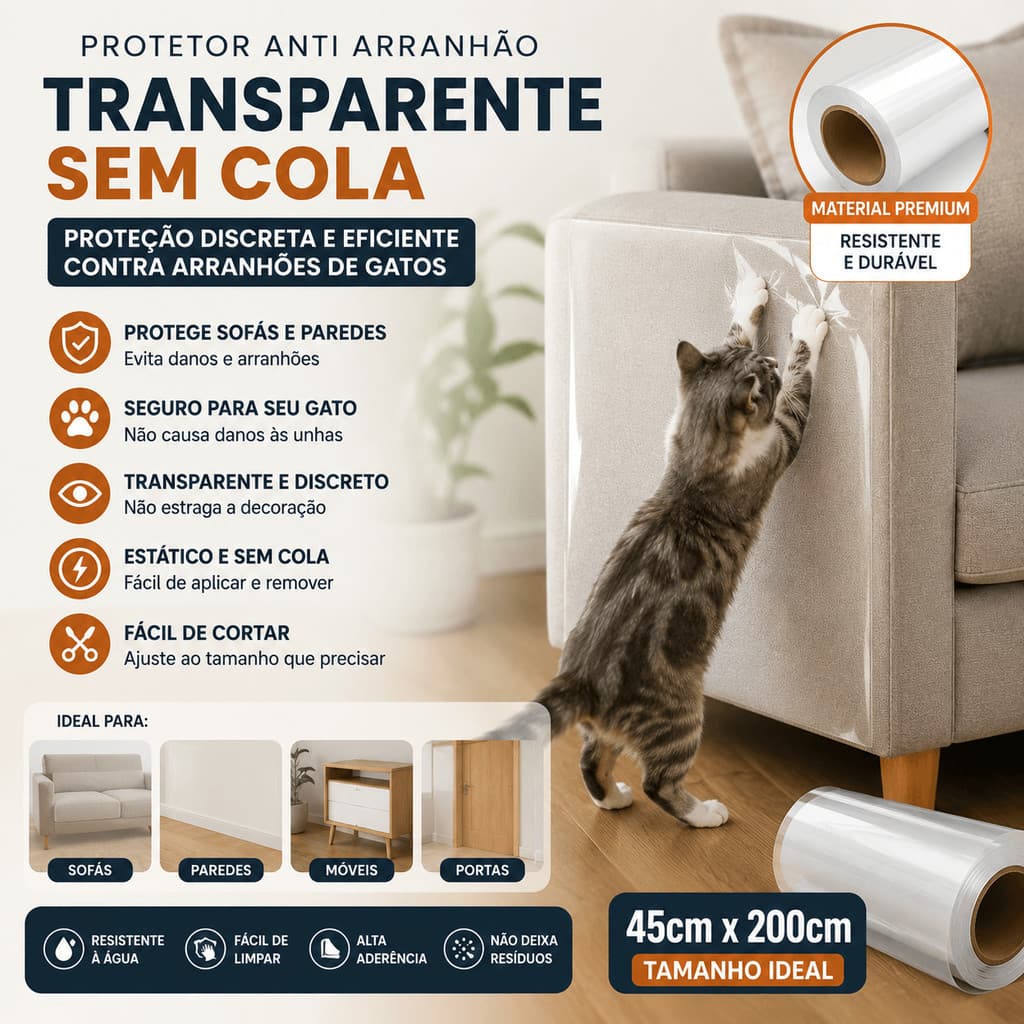 Fita Protetora Anti Arranhão Gato Sem Cola Transparente Estática Proteção Sofá Parede Porta 45x200cm