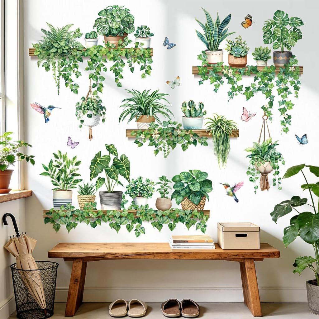 decalmile Adesivos de Parede com Plantas Verdes em Vasos, Folhas Tropicais, Videiras Penduradas, Adesivos de Parede com