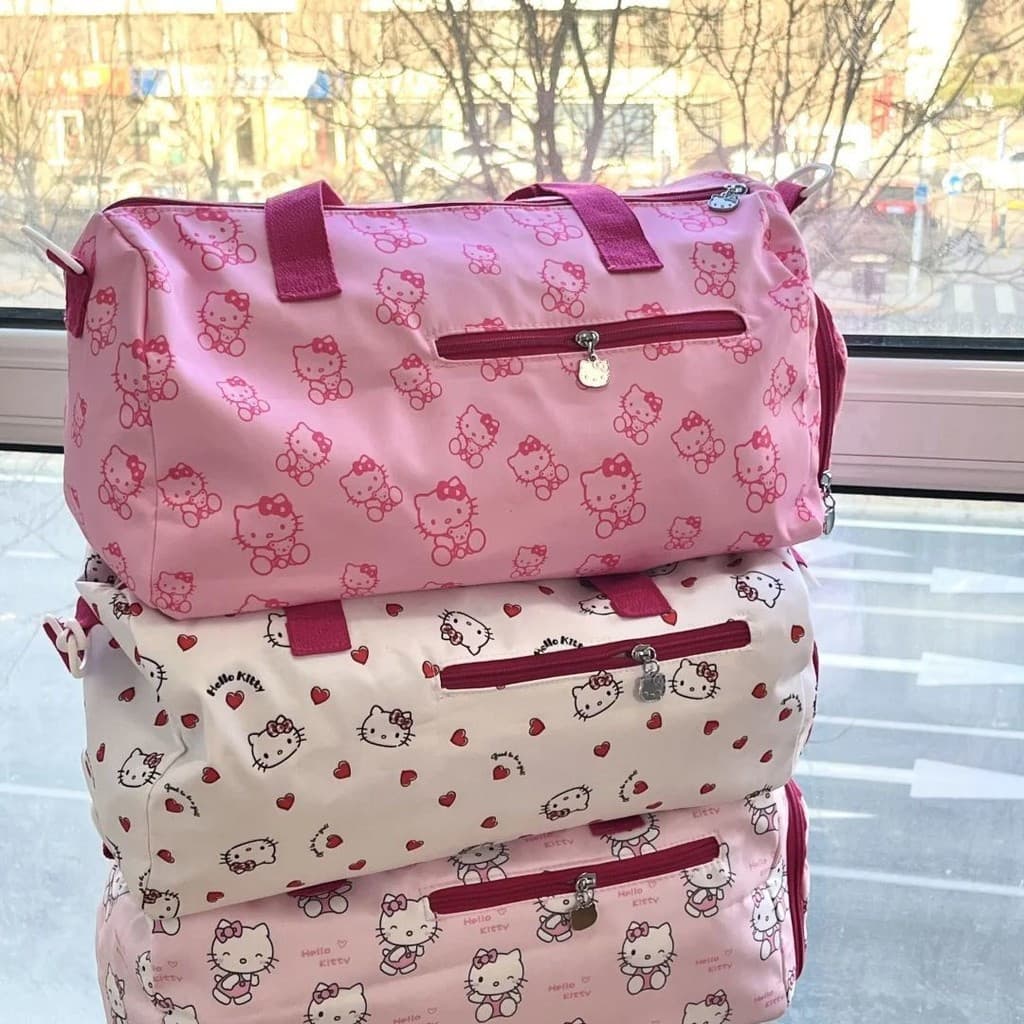 Bolsa de viagem portátil Hello Kitty, bolsa de armazenamento, bolsa de bagagem para viagens curtas, bolsa de ginástica
