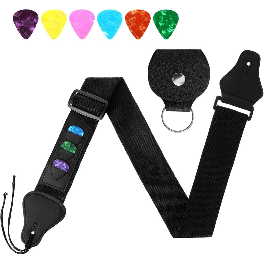 Correia Ajustável para Guitarra e Baixo, Correia Universal para Guitarra com 3 Suportes para Palhetas e 6 Palhetas, Corr