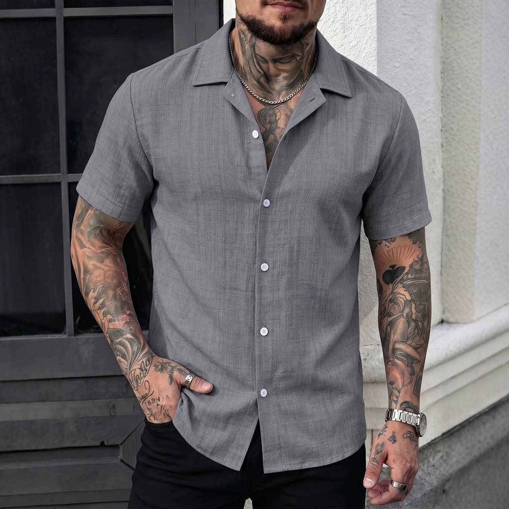 2026 Verão Lisi Linho Plus Size Camisa Masculina Retro Manga Curta Casual Praia Camisa