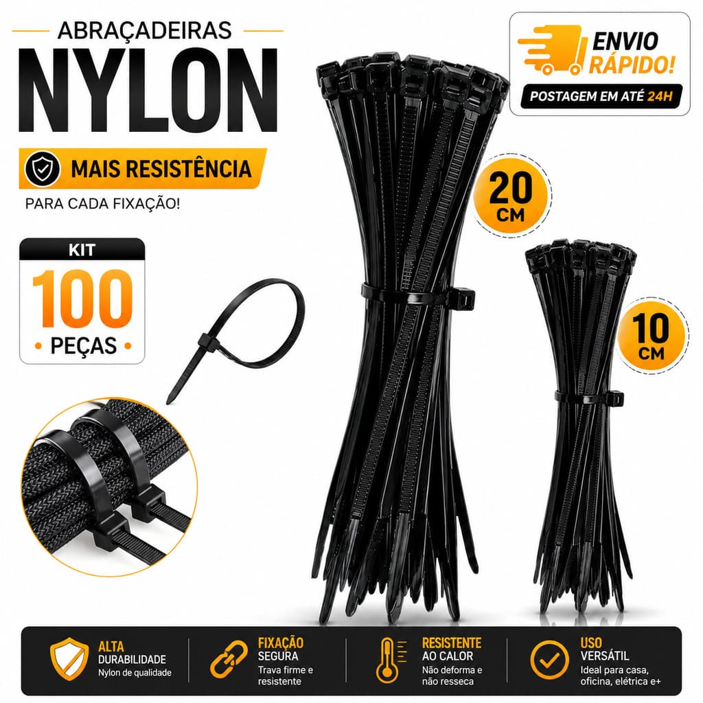Kit 100 Abraçadeira de Nylon Cinta Plástica Enforca Gato Branco ou Preto 10cm 20cm
