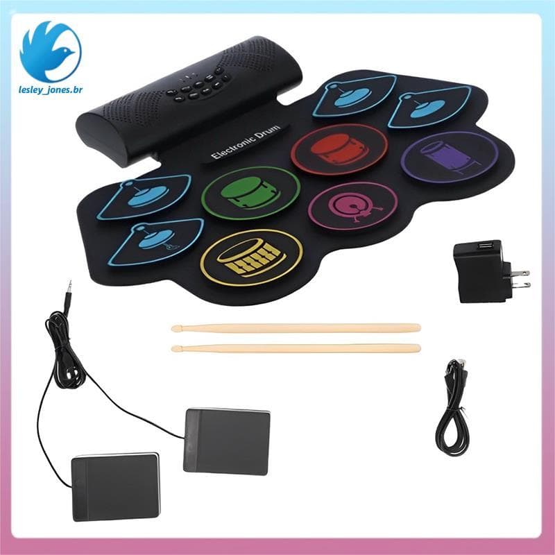[lesley_jones.br] Bateria Eletrônica Conjunto De Silicone Kit Portátil Alto-Falantes Duplos Embutidos Alimentada Por Plu