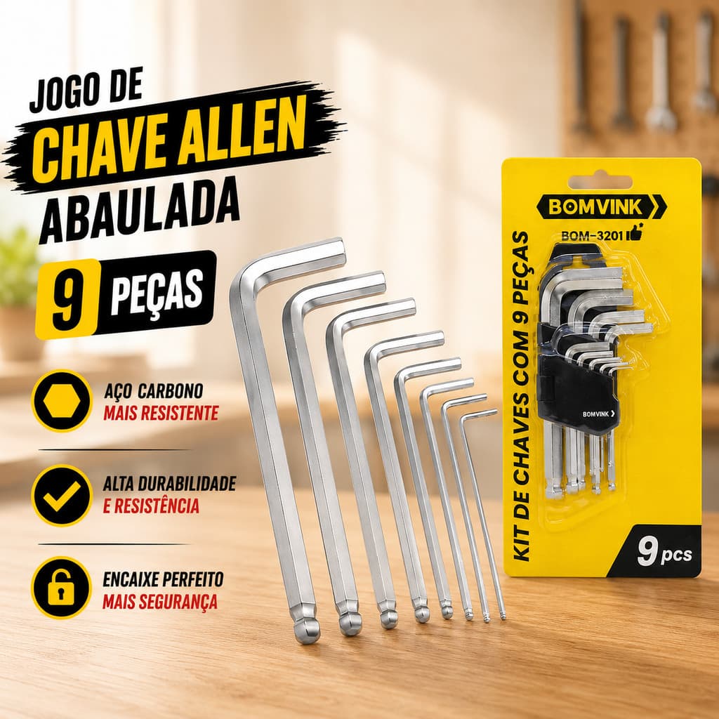 Jogo de Chave Allen Abaulada 9 Peças 1,5 a 10mm Bomvink BOM-3201