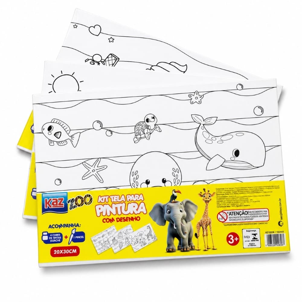 Kit 10 Pequeno Artista Kaz Telas com Desenho 20x30cm 60 Tintas Guache e 10 Pincéis