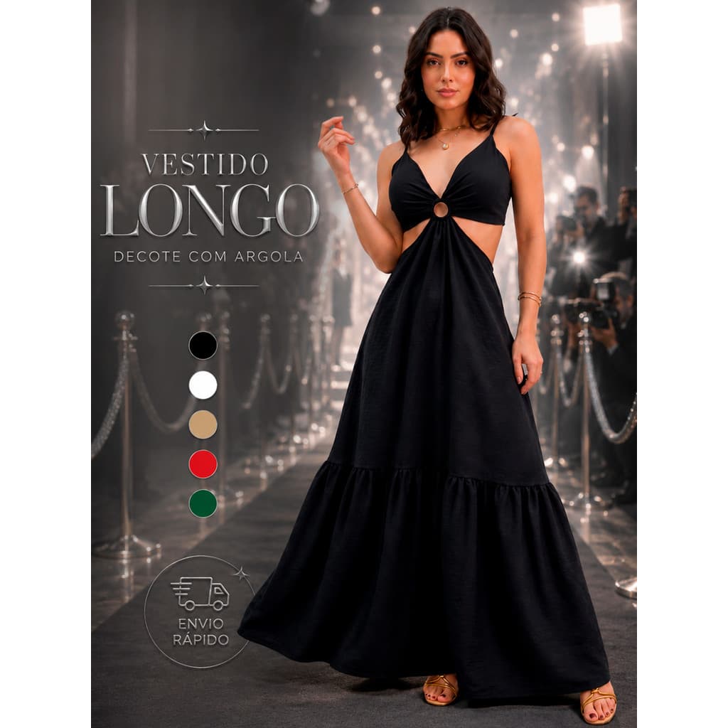 Vestido Longo Liso Feminino Decote Argola Elegante Costas Abertas Soltinho Alça Fina Tecido Duna