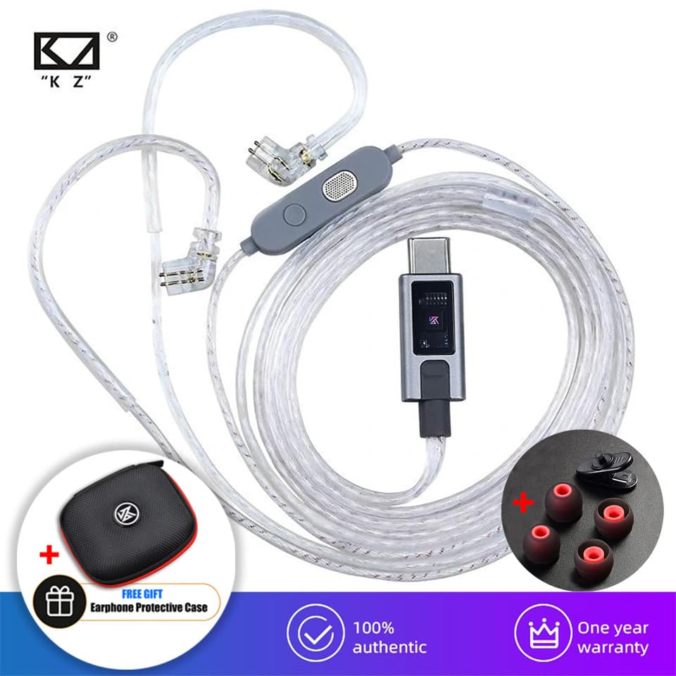 Novo Cabo de Substituição para Fones de Ouvido KZ M2 Banhado a Prata Type-C / 3.5mm com Controle de EQ
