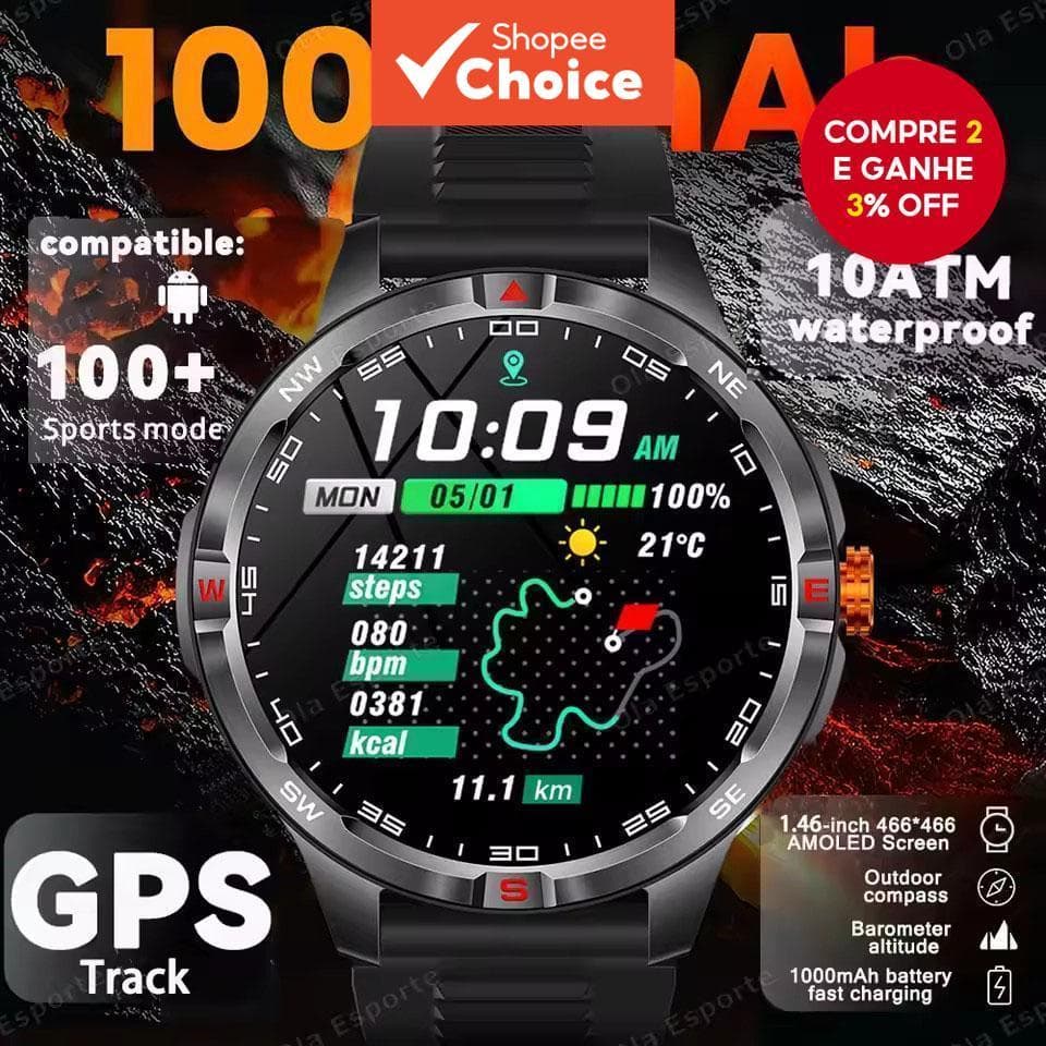 T-Rex 3 Smartwatch com bateria de 1000mAh, resistente à água até 10ATM, com GPS, bússola, chamada Bluetooth, tela