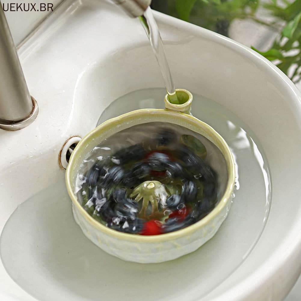 Tigela De Enxágue De Frutas , Cerâmica Para Lavagem Escorredor Giratório Automático Com Furos De Drenagem E Legumes