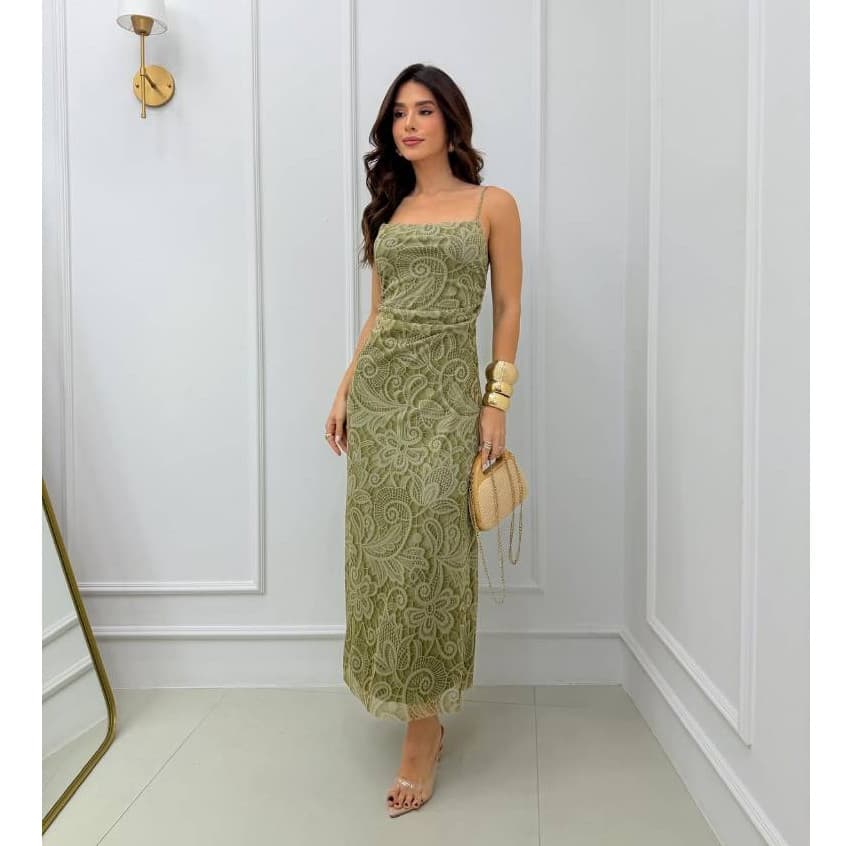Vestido Midi Feminino Tule Drapeado Alcinha Acinturado Moda Elegante Festa