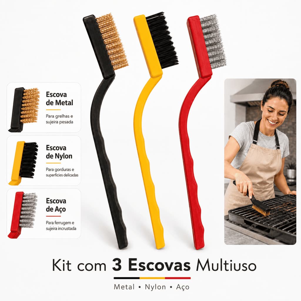 Kit 3 Escovas Aço Metal e Nylon para Limpeza Multiuso