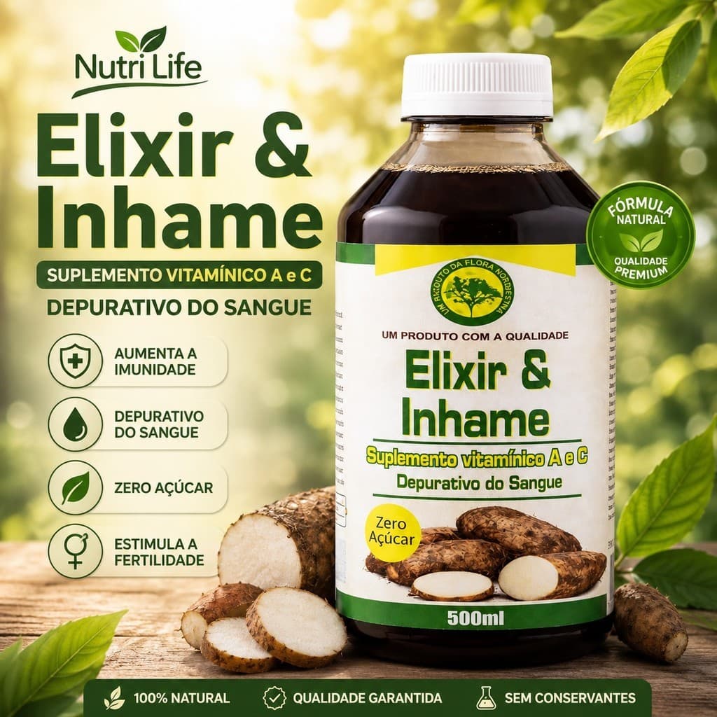Elixir de Inhame 500ml | Detox do Sangue | Vitamina A + C | Pele, Imunidade & Limpeza Interna