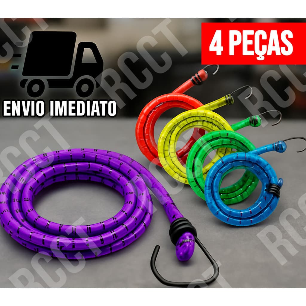 Kit 4 Corda Elástica para Moto Bagageiro 1,50m com Gancho de Metal Reforçado Multiuso