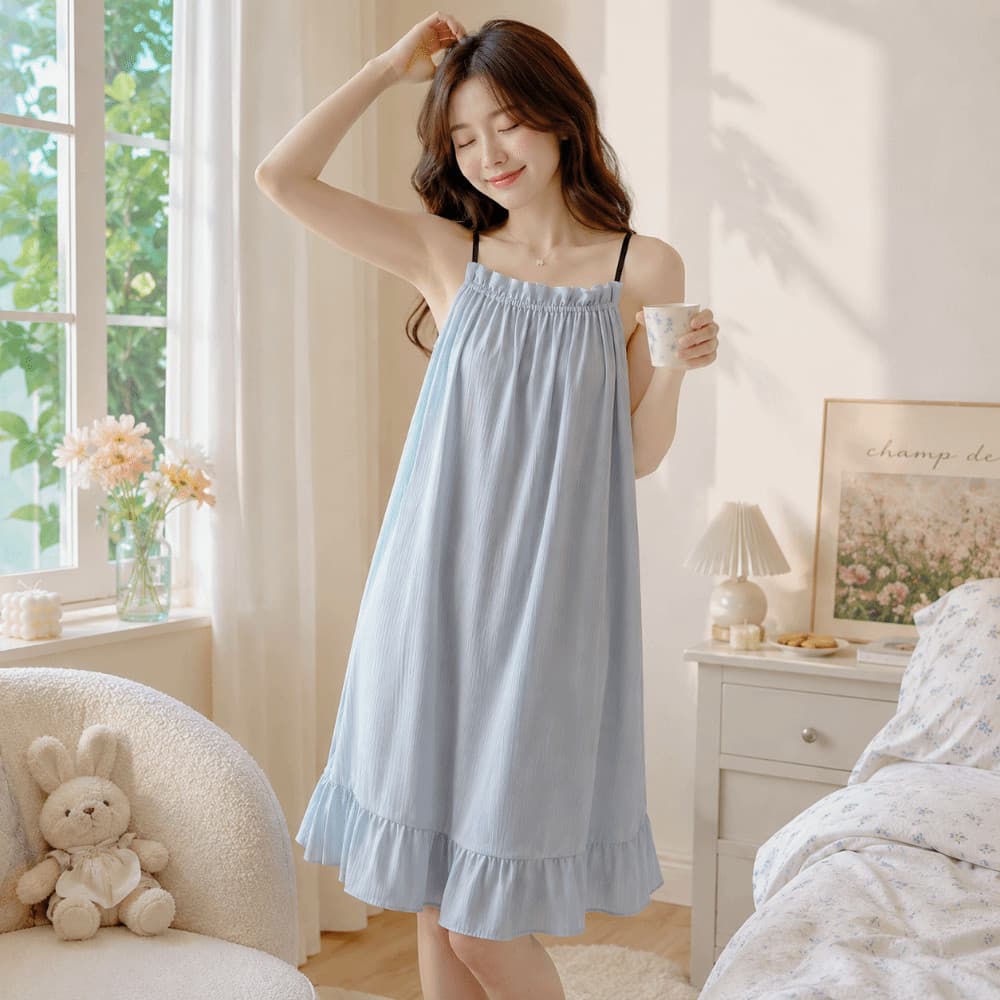 Camisola Feminina , Babados Simples Saia Longa Menina Vestido De Pijama , Solto Doce Pijamas Feminino Estilingue