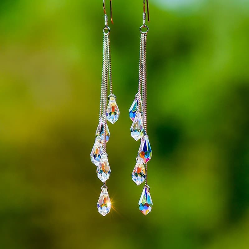 Brincos de Prata 925 com Cristais em Forma de Gota de Água, Longos com Franjas Coloridas, Joias para Casamento e Festa F