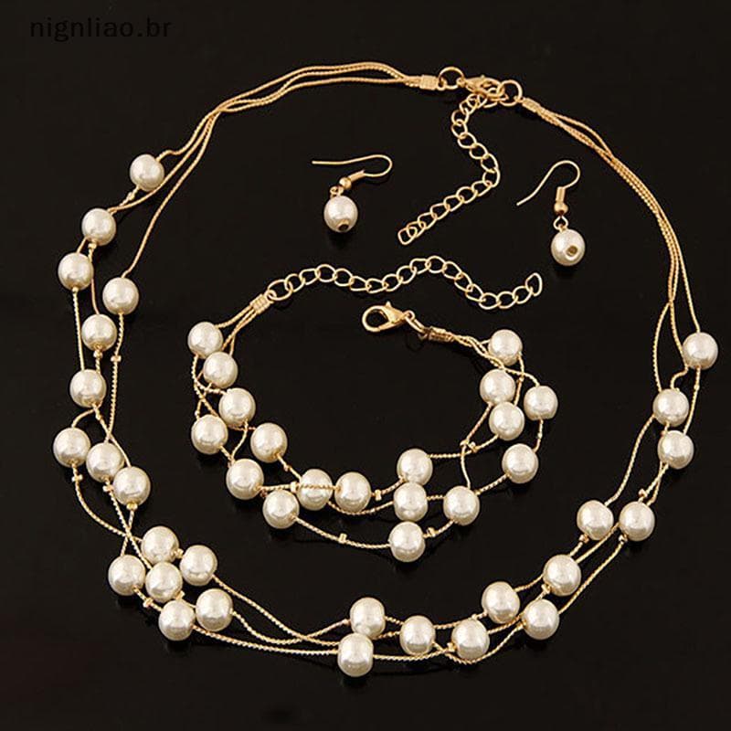 nignliao Moda Pérolas Banhado A Prata Nelace Brincos Pulseira Conjunto Conjuntos De Jóias De Casamento BR