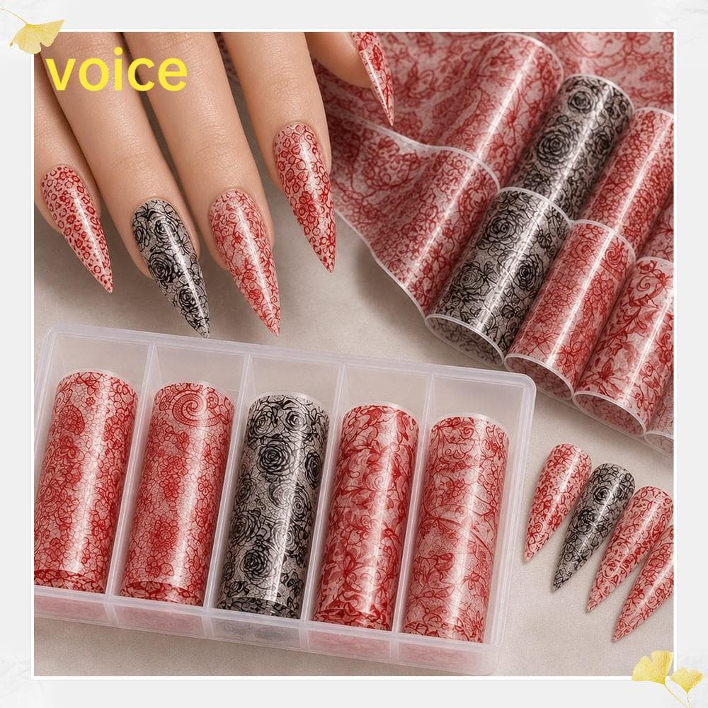 Adesivos De Unhas VOICE , Folhas Com Design De Renda A Laser , Decalques Holográficos Efeito De Lantejoulas Pretas E Bra