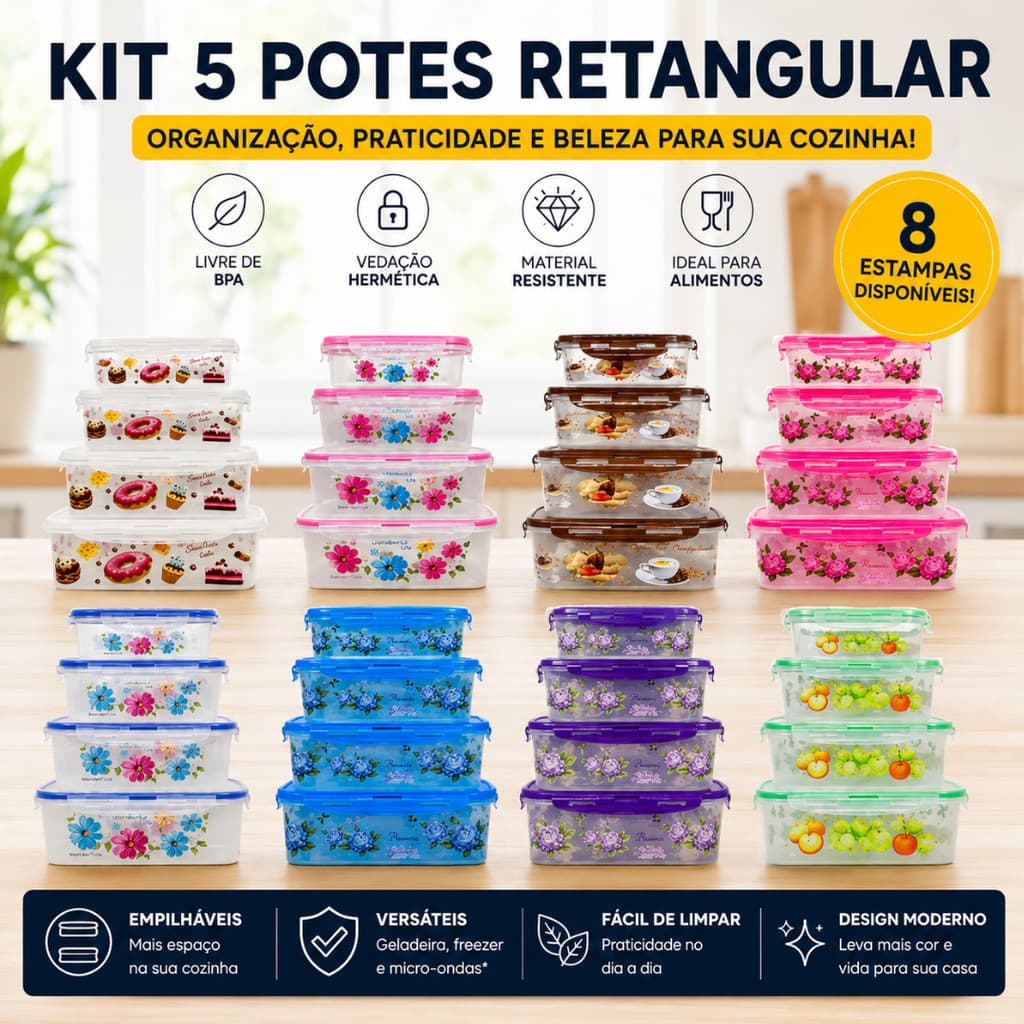Kit 5 Potes Retangular G Vedação Plástico Tampa Organizador