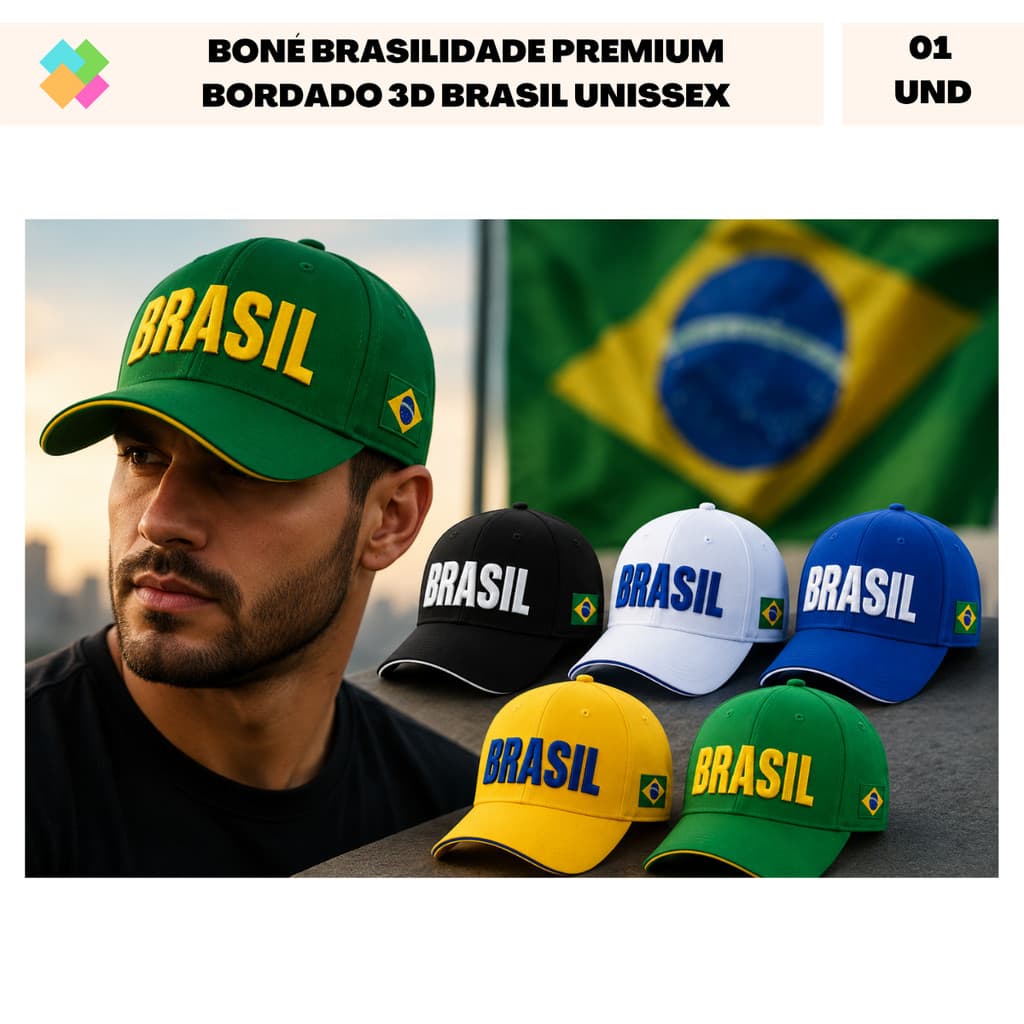 Boné Brasilidade Premium Bordado 3D Brasil Unissex e Ajustável (1 Und)