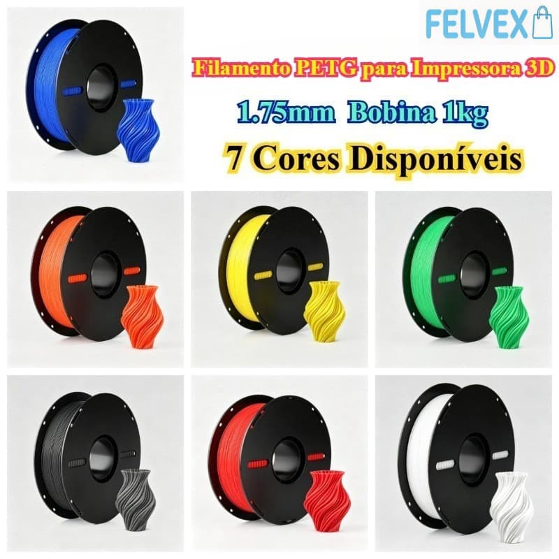 [FEL] Filamento PETG 1,75mm Bobina 1kg para Impressora 3D FDM, 8 Cores Vibrantes Disponíveis