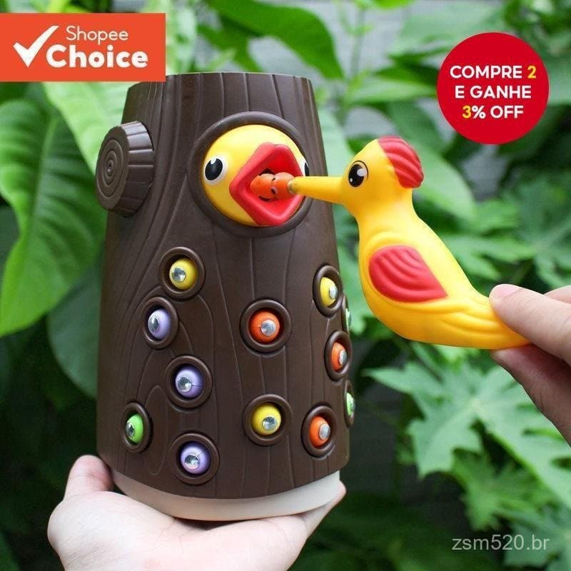 Brinquedo Magnético Pica-Pau de Madeira com Minhocas para Bebê e Aniversário