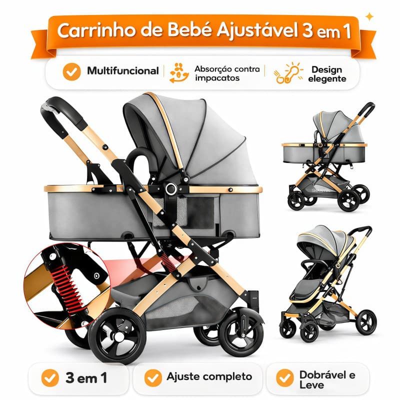 Carrinho Bebê Dobrável com Amortecedor e Base Veicular - 3 em 1 Reversível