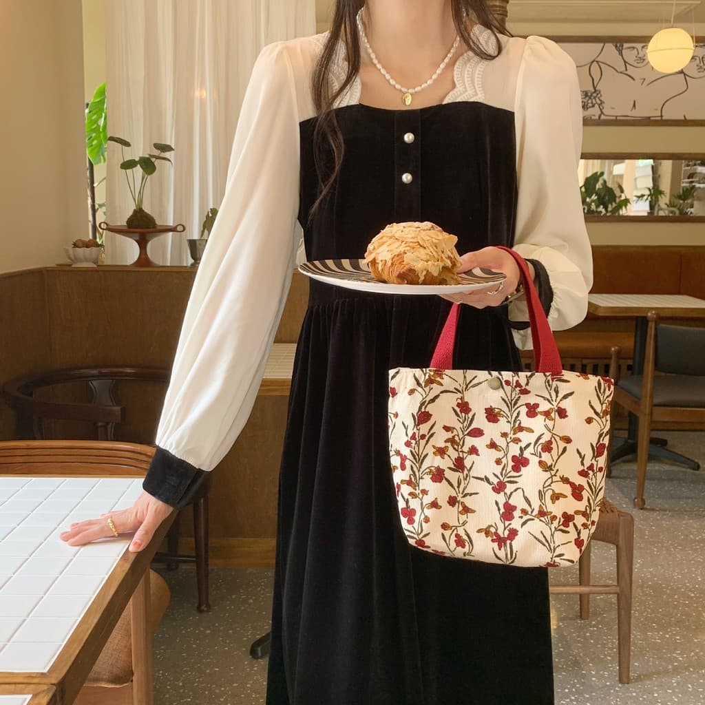 0571 Bolsa tote artística de veludo cotelê estilo coreano para estudantes e mães, bolsa para almoço, bolsa de armazename