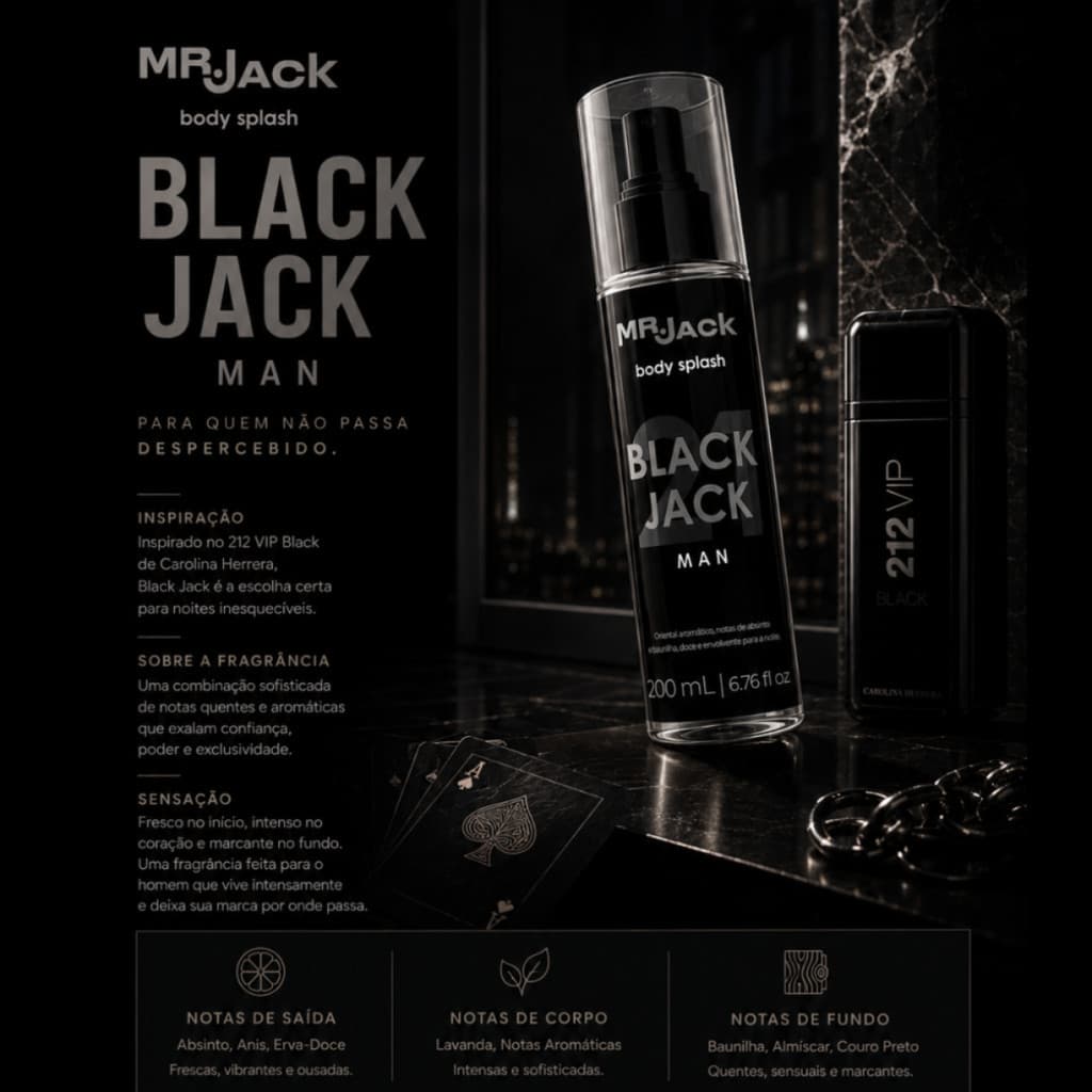 Body Splash Masculino Mr Jack BlackJack 21 Man 200ml Oriental Aromático Perfume Masculino