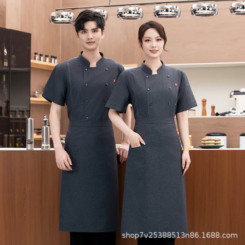 Uniforme de chef cinza para homens, de manga curta, respirável para o verão, adequado para restaurantes de fondue, resta
