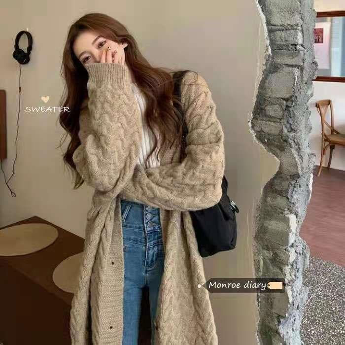 Suéter de comprimento médio feminino solto exterior outono inverno 2026 novo estilo versão coreana jaqueta estilo pregui