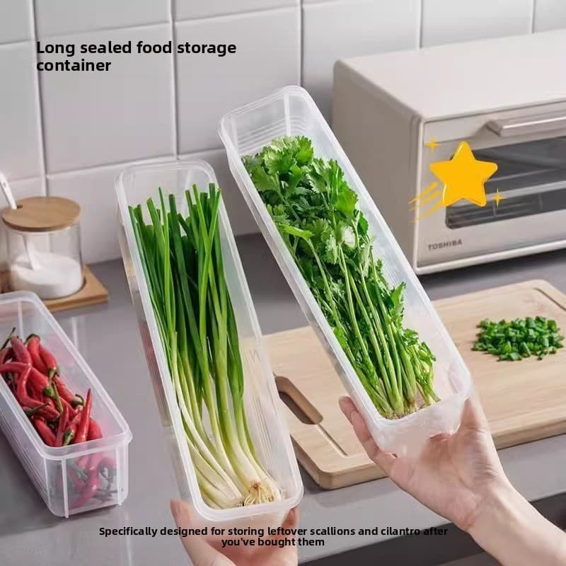 Tanque de armazenamento de especiarias para geladeira, usado para armazenar cebolas, coentros e vegetais na cozinha.