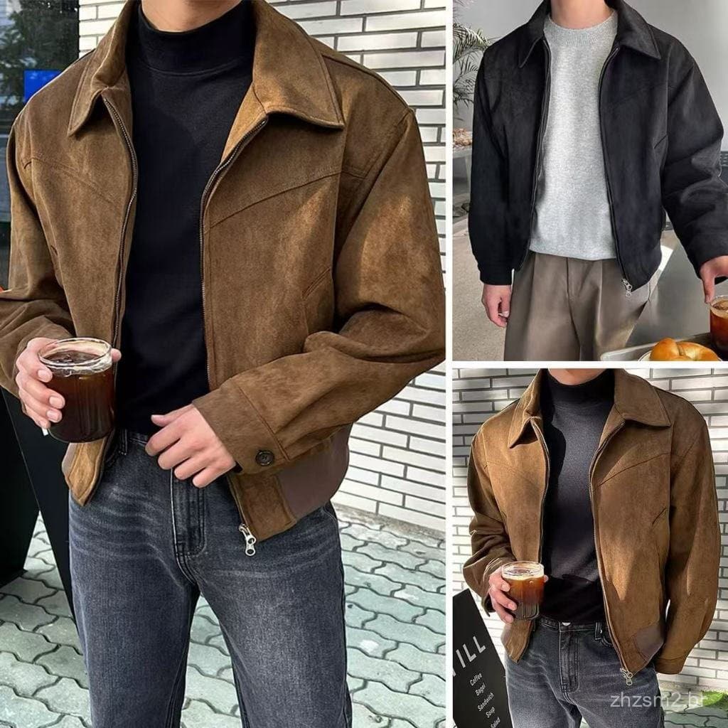 Jaqueta Masculina Solta de Camurça com Zíper, Design Versátil, Gola Monocromática Estilo Aviador