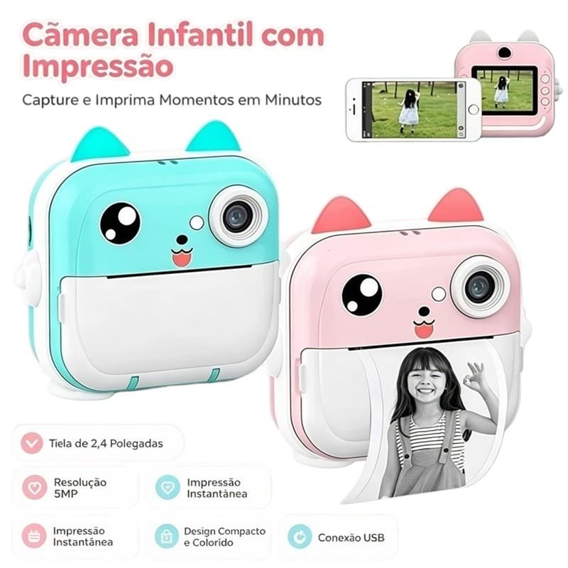 Câmera  Impressora Infantil Para Crianças Vídeo Fotografia Digital Térmica Boy Girls AIRER.BR