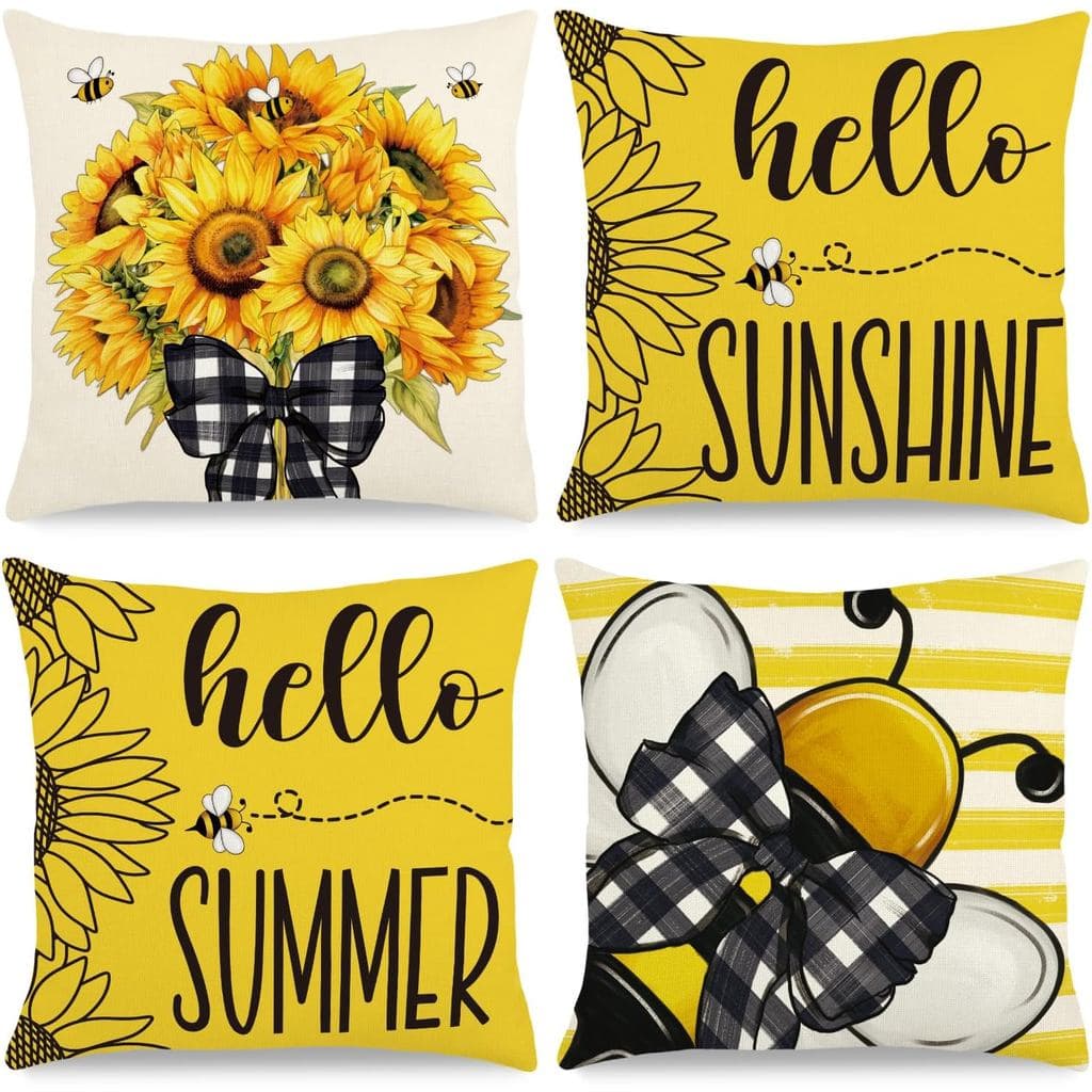 Capas de Almofada de Verão 18x18 Polegadas com Estampa de Abelha e Girassol Amarelo, Capa de Almofada Hello Sunshine par