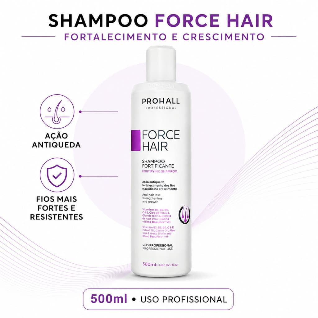Shampoo Fortificante Prohall Force Hair 500ml Antiqueda e Crescimento Profissional