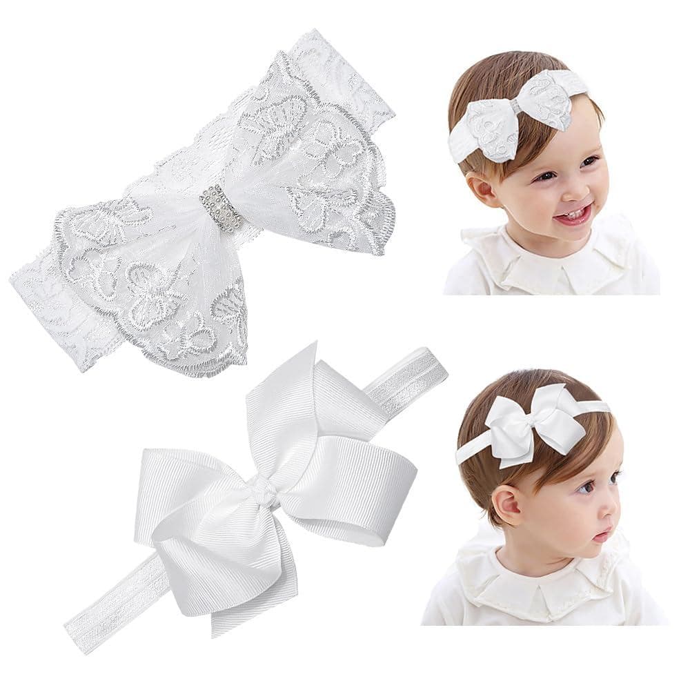2 peças de faixa de cabelo branca com laço para bebê menina, acessório de cabelo macio e elástico com renda e flor para