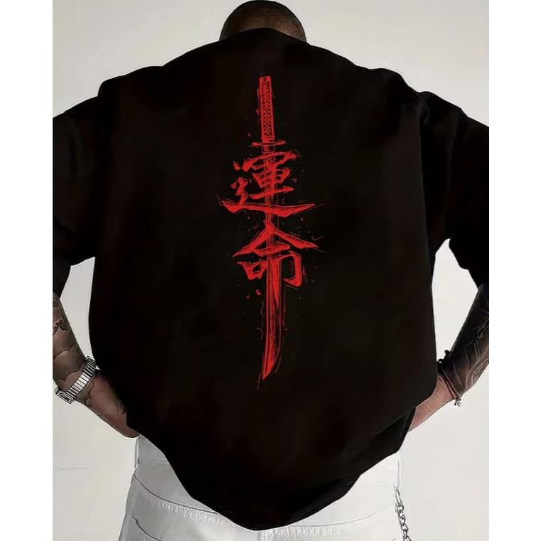 Camiseta Masculina Oversized Estampa Nas Costas Espada Katana Kanji Moda Urbana Streetwear Skate