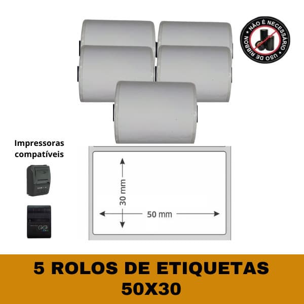 Etiqueta adesiva 57x30 para Mini Impressora - Kit com 5 Rolos