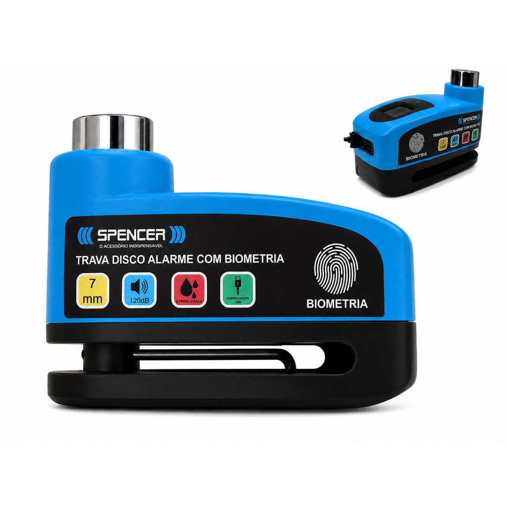 Trava Disco Moto Spencer Alarme 120dB Biometria Azul