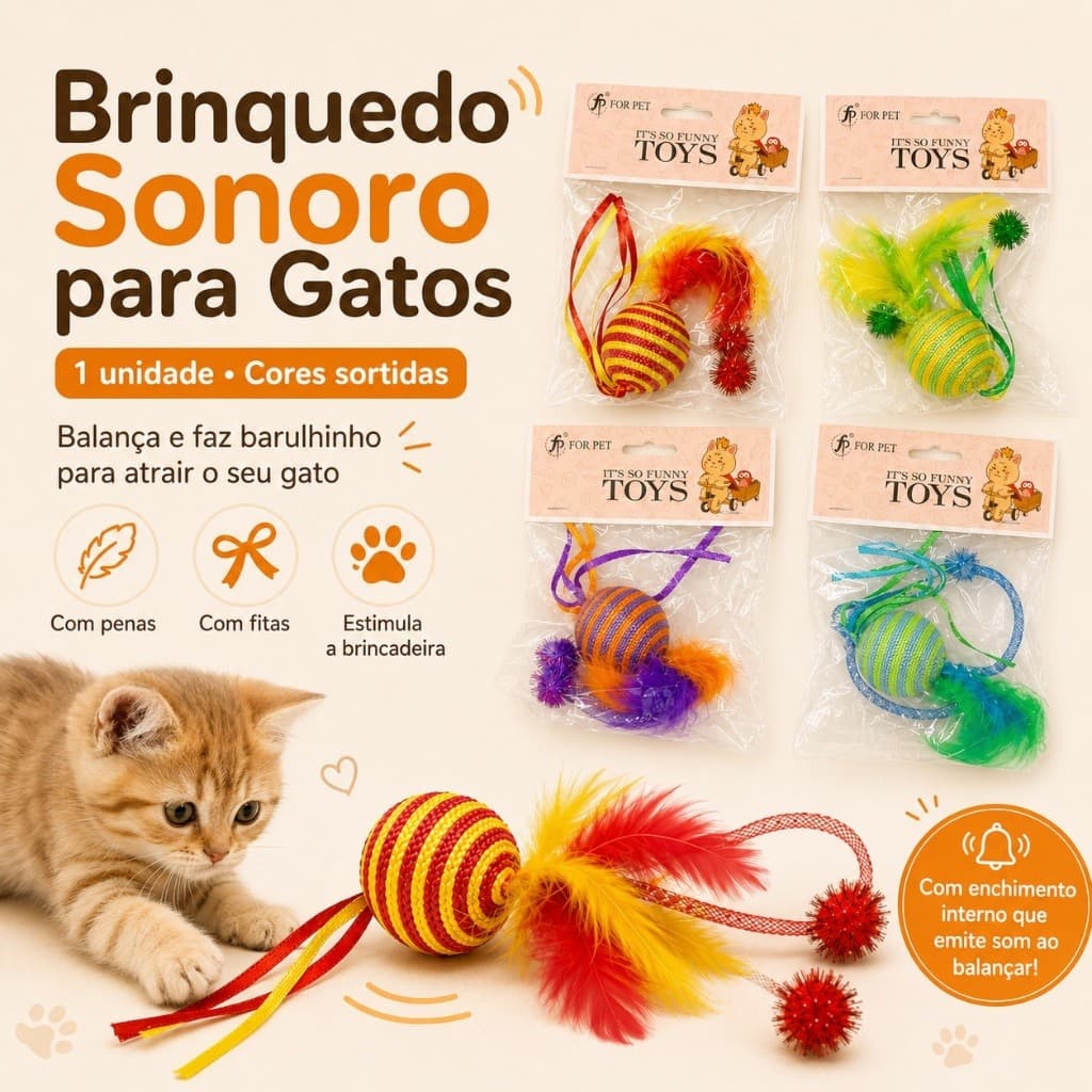 Brinquedo Sonoro para Gatos com Bola, Penas e Fitas Interativas – Cores Sortidas