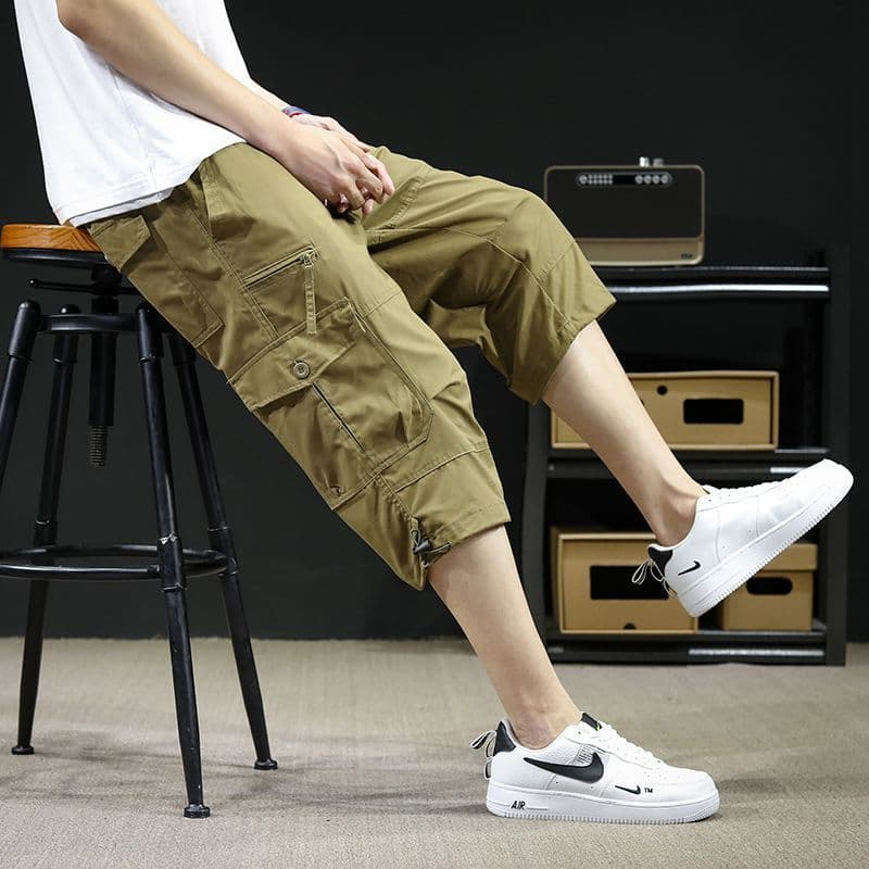 Calça Capri Masculina De Algodão Verão Com Vários Bolsos Shorts Cargo Soltos Plus Size Calças Casuais