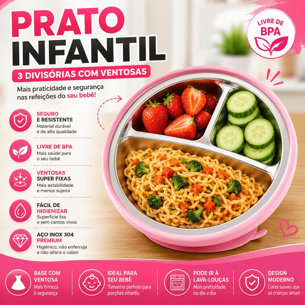 Prato Bebe Infantil Crianca 3 Divisorias Inox Silicone Ventosa Alimentacao Aprendizado Succao Livre BPA Introducao