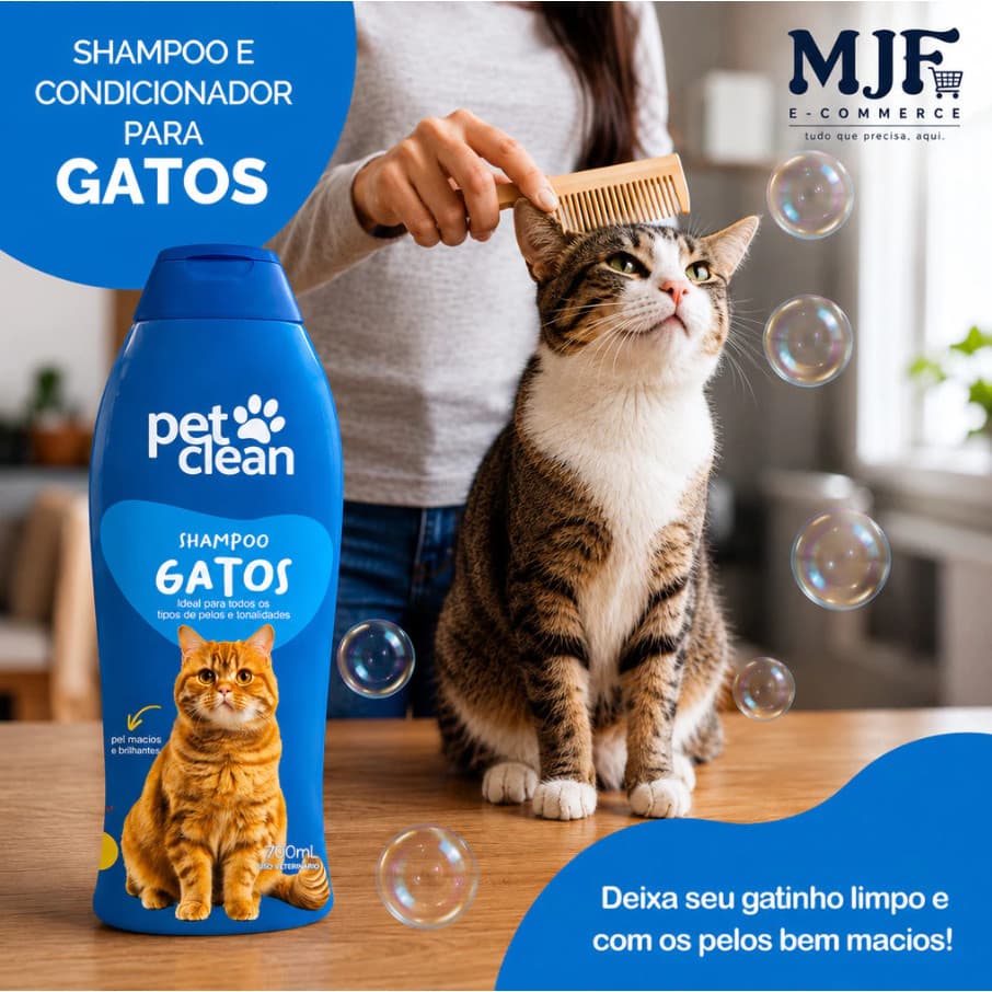 Shampoo e Condicionador 2 em 1 Pet Clean 700ml para Gatos Higiene e Limpeza