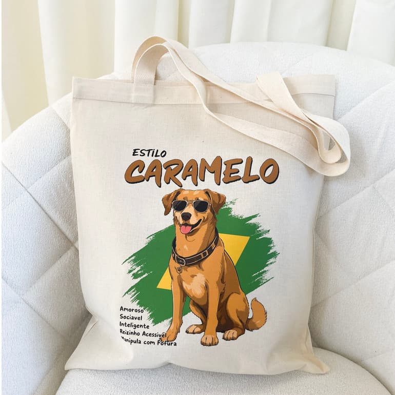 Bolsa Sacola Ecobag Estampada Cachorro Caramelo Bolsa Tote Algodão Cru Bolsa Praia Verão