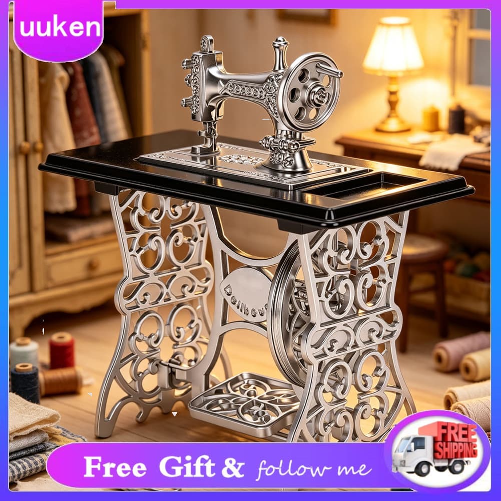 Uukendh Máquina de costura para casa de bonecas uukendh, modelo vintage em miniatura com pedal móvel para casas de