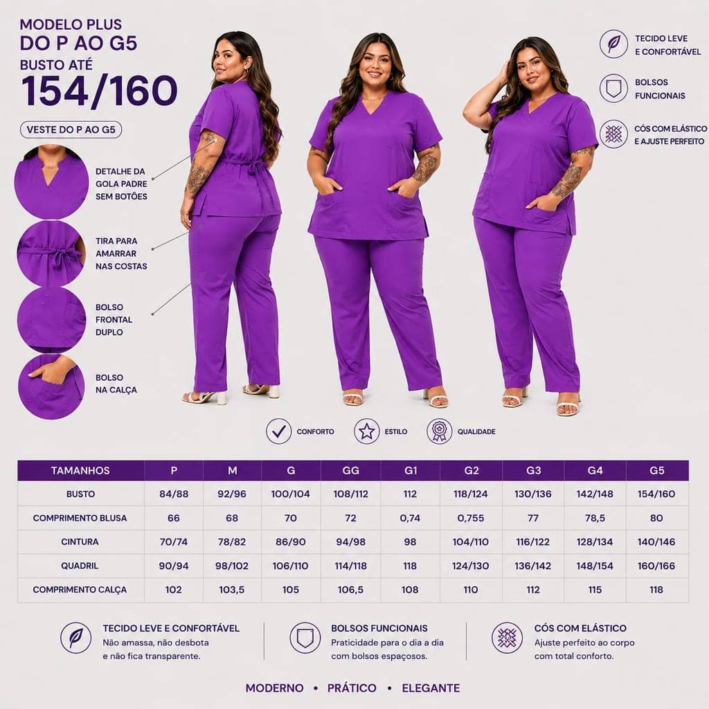 Scrub Feminino Gola V Roxo Açaí Plus Size Pijama Cirúrgico P ao G5