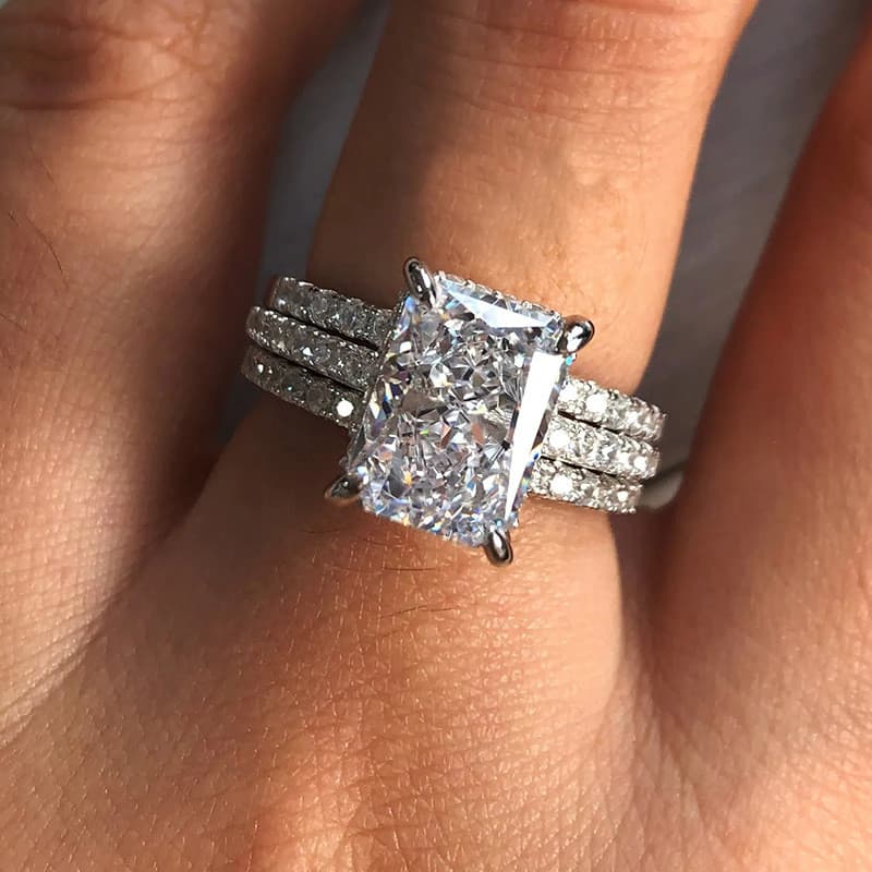 Conjunto de três anéis com zircão quadrado - liga banhada a ouro, casamento, noivado, presente