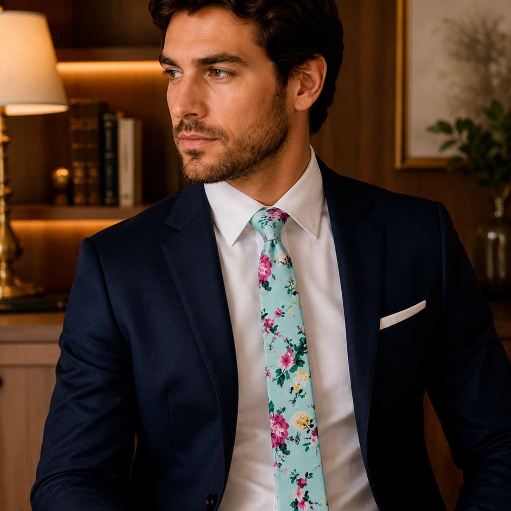 Gravata Slim Algodão Verde Água Floral