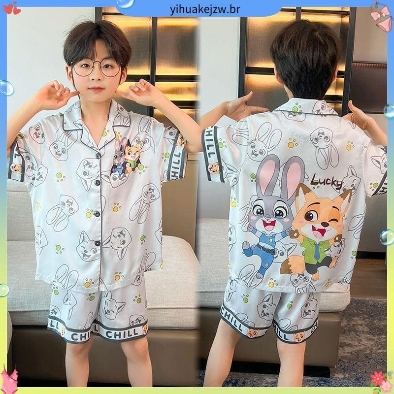 Pijamas crianças meninos de manga curta gelo seda verão terno fino dos desenhos animados médio grande crianças verão ar